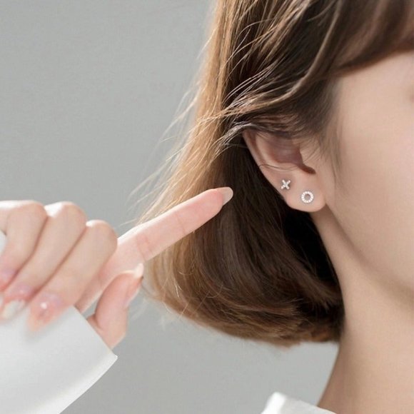Letter X&O Asymmetry Studs Earrings w/CZ-ECZ016 - Picture 9 of 16